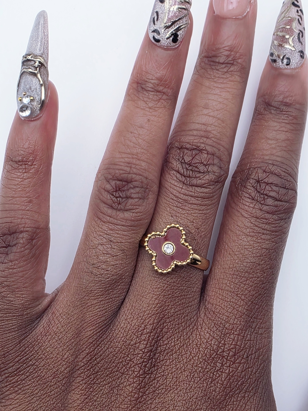 Gold Clover Red Enamel Ring with Center Stone - Brand